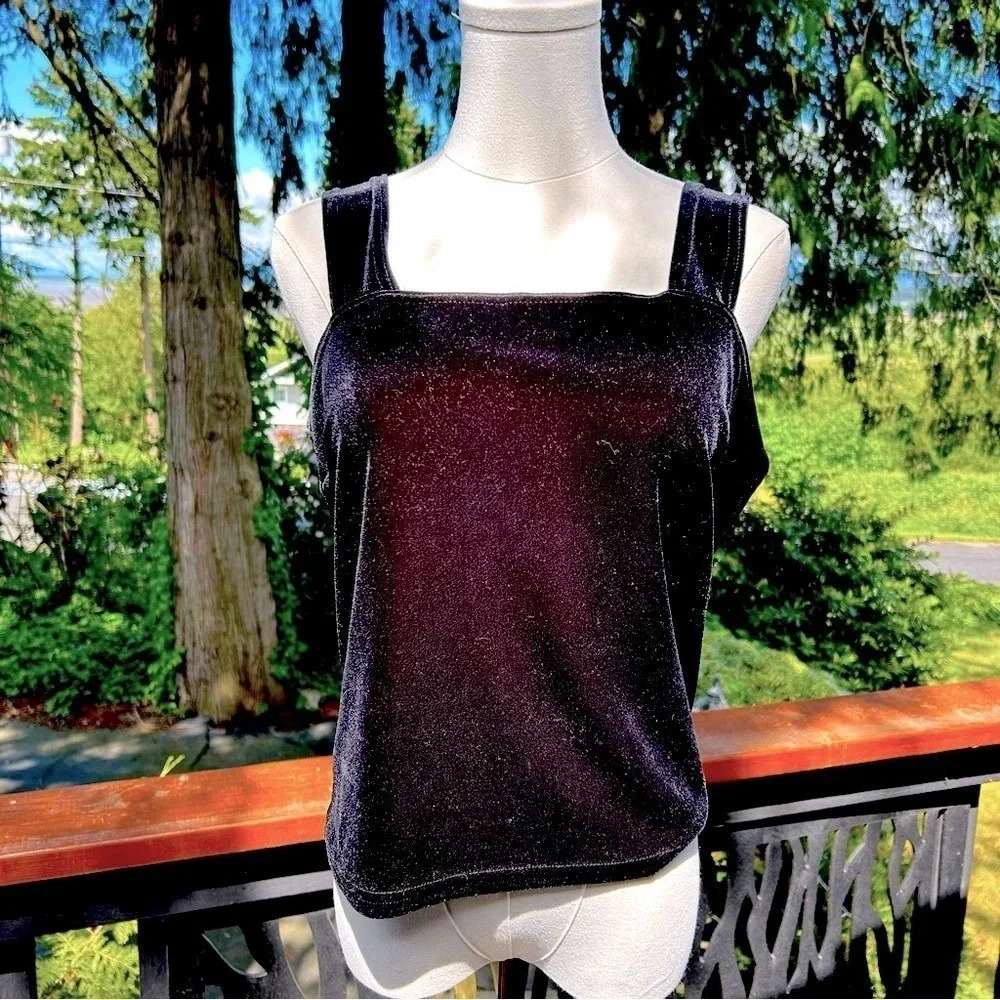 VTG 90s Revival Jonden by Linda Leal Black Velvet Wide Strap Square Neck Blouse